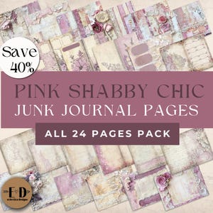 Pink Shabby Chic Junk Journal Digital Paper, 24 Digital Journal Pages, Pink Junk Journal Kit Girly, Printable Ephemera, Paper Craft, Collage