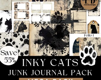 Inky Cats Junk Journal Digital Paper, 24 Digital Journal Pages, Cat ...