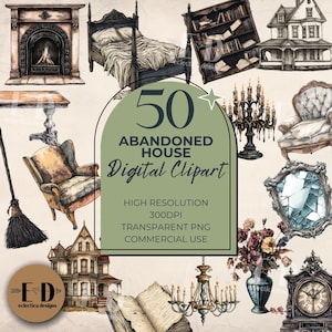 Clipart de casa abandonada para uso comercial, 50 archivos, PNG transparente, muebles antiguos, casa espeluznante, espeluznante