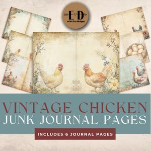 Vintage Chicken Junk Journal Digital Paper, 6 Digital Journal Pages, Chicken Junk Journal, Printable Ephemera, Paper Craft, Collage, 11x8.5
