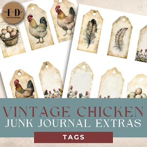 Vintage poulets Junk Journal étiquettes de journal numérique, étiquettes de poulet, éphémères de journal indésirable, éphémères imprimables, créations artisanales en papier, 8,5 x 11