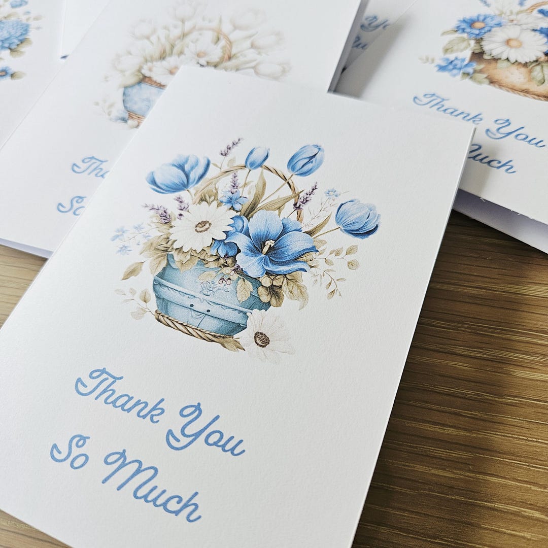 Blue Floral Thank You Cards, Elegant Vase Design, A6 Set - Etsy