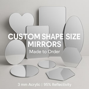Peut inclure: Une collection de miroirs de formes personnalisées, comprenant un cœur, un ovale et un hexagone. Les miroirs sont en acrylique de 3 mm avec une réflectivité de 95 %. Le texte sur l'image indique "CUSTOM SHAPE SIZE MIRRORS Made to Order."