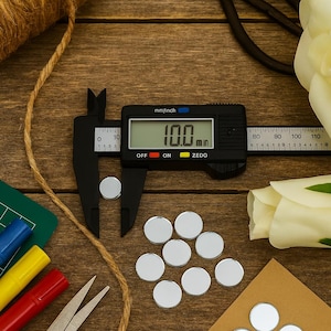 Könnte beinhalten: Ein digitales Messschieber zeigt eine Messung von 10,0 mm. Mehrere kleine, runde, silberne Spiegelstücke sind auf einer Holzoberfläche verstreut. Weitere Artikel sind eine Schnurrolle und eine weiße Blume.