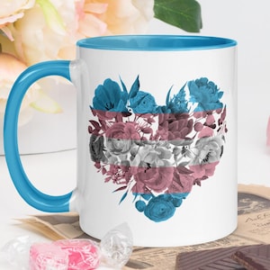 Heart Transgender Rights Mug/Floral Heart Transgender Flag Coffee Mug/Subtle Transgender Pride/Equal Rights Tea/Protect Trans/Social Justice