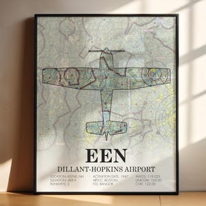 May include: A framed print featuring a detailed map design of an airplane. The print includes the airport code EEN and the name Dillant-Hopkins Airport. Additional text provides location, elevation, activation date, and radio frequencies. The artwork is displayed on a wooden surface.