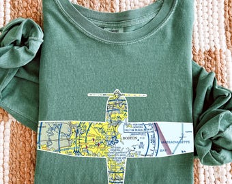 Personalized Aviation Long Sleeve Shirt, Choose a Custom Silhouette and Airport, VFR Sectional Chart, Pilot T-Shirt