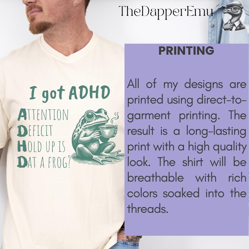 Camiseta engraçada sobre TDAH, Camiseta "Eu tenho TDAH", Camiseta de sapo, Comfort Colors, Camiseta com humor sobre TDAH, Camiseta com frase espirituosa sobre TDAH, Déficit de atenção, Unissex imagem 6