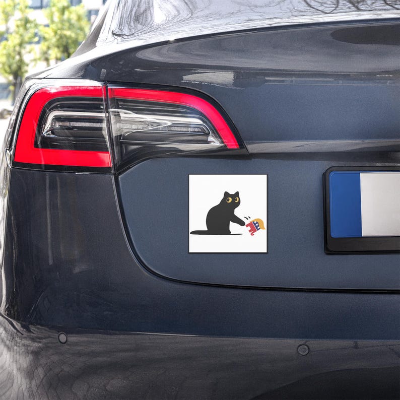 Puede incluir: Un im&aacute;n cuadrado para coche con un gato negro jugando con un juguete colorido. El gato est&aacute; silueteado sobre un fondo blanco. El im&aacute;n est&aacute; adherido a la parte trasera de un coche gris oscuro.