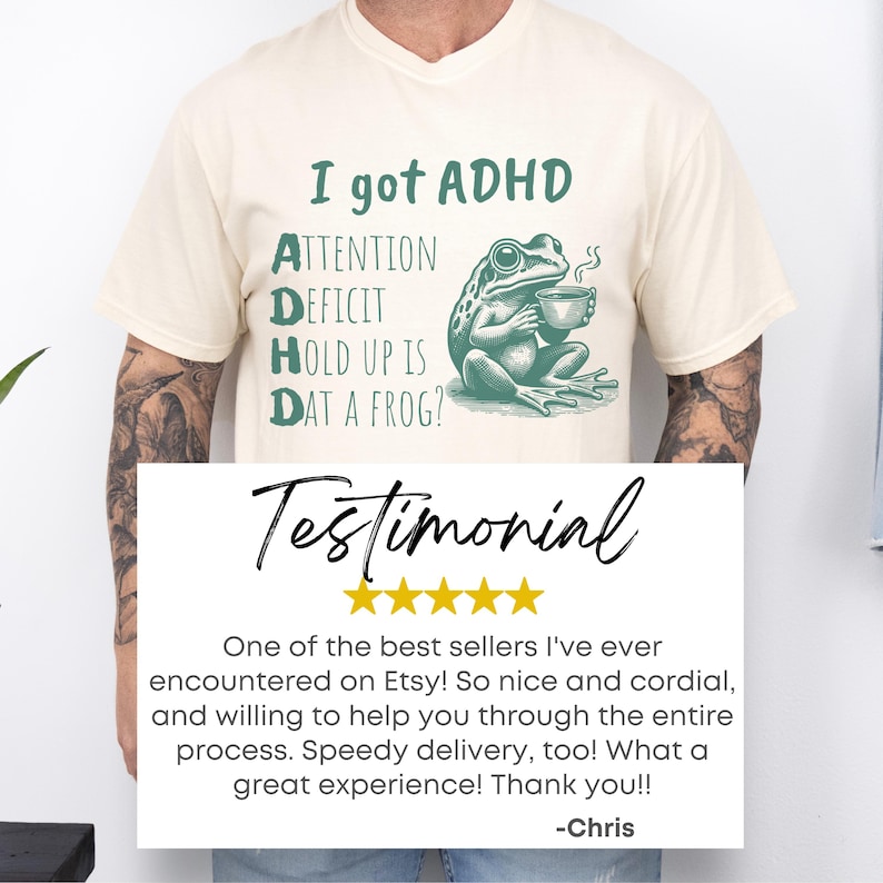 Camiseta engraçada sobre TDAH, Camiseta "Eu tenho TDAH", Camiseta de sapo, Comfort Colors, Camiseta com humor sobre TDAH, Camiseta com frase espirituosa sobre TDAH, Déficit de atenção, Unissex imagem 2