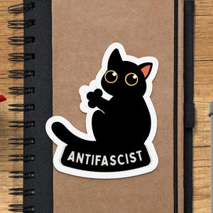 May include: A black cat sticker with the white text "ANTIFASCIST". The cat has yellow eyes and pink inner ears. The sticker is on a brown notebook. The notebook is on a wooden surface.