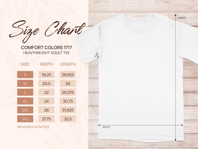 Pode incluir: Tabela de tamanhos para uma camiseta de adulto de peso pesado, mostrando as medidas em polegadas para largura e comprimento. Os tamanhos variam do S ao 3XL.