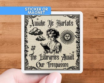 Adesivo ou ímã "Awake Ye Harlots" (Despertai, Prostitutas), mulher vitoriana vintage, decalque de vinil com estética Dark Academia, presente divertido para amantes de livros medievais.