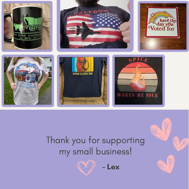 Puede incluir: Colecci&oacute;n de art&iacute;culos que incluyen una taza negra con un dise&ntilde;o verde, una camiseta con un dise&ntilde;o de bandera estadounidense y un avi&oacute;n, una pegatina con arco&iacute;ris y texto, y camisetas con varios gr&aacute;ficos. Tambi&eacute;n est&aacute; presente el texto "Thank you for supporting my small business!"