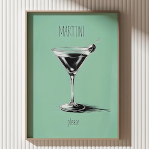 Póster de cóctel, impresión de martini sucio, elegante arte mural con copas de martini, arte mural moderno de martini para bar o cocina, arte mural con carrito de bar