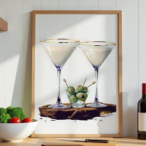 Póster de cóctel con impresión de martini sucio, elegante arte mural con copas de martini, impresión moderna de martini para bar o cocina.