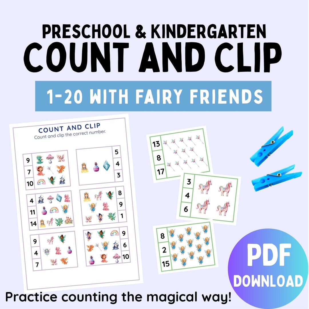 Friends Count Worksheet Fairy Friends 1-20 Count & Clip Activity, Preschool and Kindergarten ...