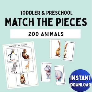 Zoo Animals Matching Game, Printable Puzzle for Toddlers & Preschool Kids, Zoo Animal Puzzle Game, Zoo Animal Themed Activity, PDF Printable
