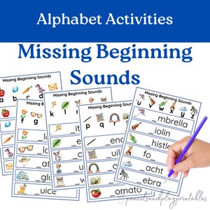 Actividad de sonidos iniciales faltantes del alfabeto, Hoja de trabajo de sonidos iniciales para preescolar, Juego para aprender los sonidos del alfabeto, Letras y sonidos, PDF imprimible