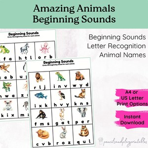 Animal Beginning Sounds Activity Sheet, Amazing Animals Alphabet Learning, Preschool Game, Kindergarten, Classroom, Homeschool, Printable