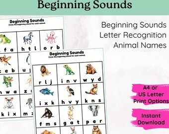 Hoja de actividades con sonidos iniciales de animales, aprendizaje del alfabeto de animales asombrosos, juego preescolar, jardín de infantes, aula, educación en casa, imprimible