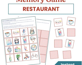 May include: A printable memory game with the text "Memory Game RESTAURANT" at the top. The game includes illustrated cards with various restaurant-themed images, such as a coffee cup, phone, and clock. The words "Instant Download" are also visible.