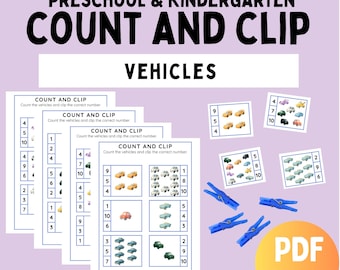 Vehicle Themed Count & Clip For Preschool and Kindergarten, Counting Practice 1-10, Print and Play, PDF Instant Download