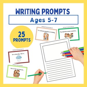 25 Writing Prompts for Kids Ages 5-7, Year1/Grade1: Journalling, Writing For Fun, For Home or School, PDF Printable