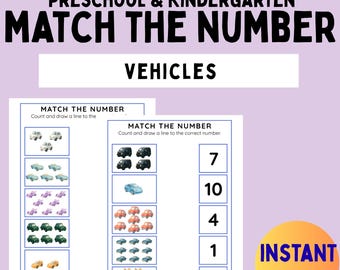 Vehicles Count and Match Activity, Counting to 10, Number Worksheet, Preschool and Kinder Counting Fun, PDF Printable