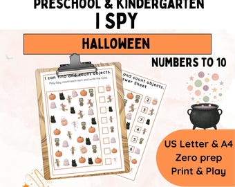 May include: Halloween-themed I Spy game for preschool and kindergarten children. The image shows a clipboard with a worksheet and an answer sheet. The worksheet has Halloween images such as pumpkins, ghosts, and witches. The text on the image says "Numbers to 10".