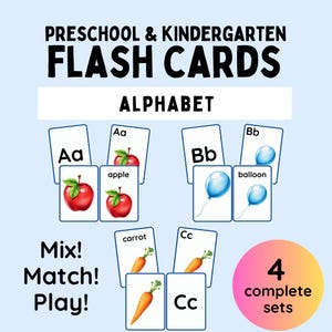 May include: Flash cards for preschool and kindergarten featuring the alphabet. Each card displays a letter, such as "Aa", along with a corresponding image like an apple. The set includes "Mix! Match! Play!" instructions and a "4 complete sets" indicator.