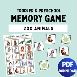 Könnte beinhalten: Ein Memory-Spiel für Kleinkinder und Vorschulkinder mit Zootieren. Das Spiel beinhaltet eine Zuordnungskarte mit Tierillustrationen und separate passende Karten. Der Text auf dem Bild lautet "Toddler & Preschool Memory Game Zoo Animals".
