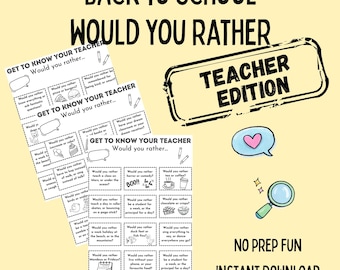 Può includere: Un download digitale con carte di gioco "Back to School Would You Rather", "Teacher Edition". Le carte hanno richieste da completare e sono decorate con una nuvoletta, una lente d'ingrandimento e un cuore. È incluso anche il testo "No Prep Fun" e "Instant Download".