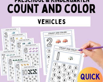 Vehicle Themed Count and Color Activity Worksheets for Preschool and Kindergarten, PDF Printable
