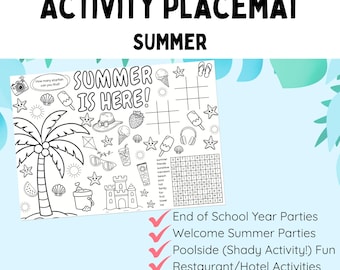 Mantel individual de actividades de verano, imprimibles de verano, página para colorear y actividades para fiestas, actividades de viaje para niños, diversión de verano, tapete de actividades, PDF imprimible