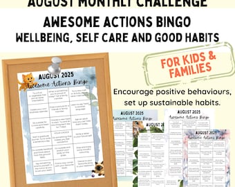 Wellbeing and Mindfulness Bingo Chart for Kids, Awesome Actions August Challenge, Healthy Habits for Kids, Self Care Bingo, PDF Printable