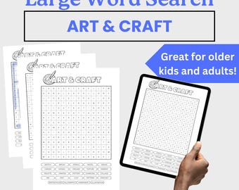 May include: A black and white word search puzzle with the text "ART & CRAFT" is displayed on a tablet and printed sheets. The text "Large Word Search" and "Great for older kids and adults!" are also visible. The image is an instant download.