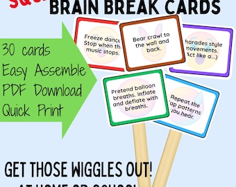 Classroom Brain Break Cards: 30 rectangle movement cards for kids, positive classroom management classroom activity. PDF Printable.