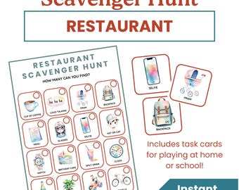 Restaurant Scavenger Hunt For Kids, Fun Scavenger Hunt for Kids, Restaurant Travel Games, Indoor & Outdoor Puzzles, PDF Printable