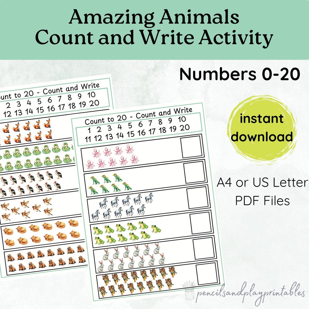 Amazing Animals Count and Write Activity Worksheets, Count to 20 ...