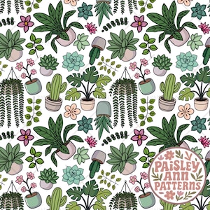 May include: A seamless pattern featuring various potted plants, including succulents, cacti, and hanging plants, in shades of green, pink, and gray, set against a white background. The design includes flowers and foliage, creating a botanical theme. The Paisley Ann Patterns logo is in the bottom right corner.