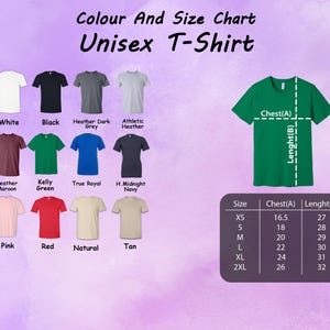 May include: Color and size chart for a unisex t-shirt. The chart displays various t-shirt colors, including white, black, and red. A green t-shirt shows chest and length measurements. The size chart lists sizes XS to 2XL with chest and length measurements in inches.