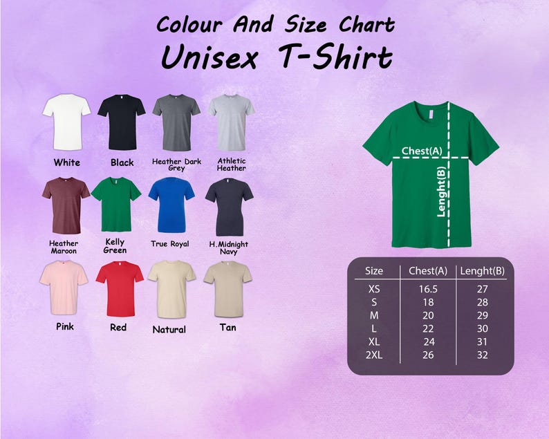 May include: Color and size chart for a unisex t-shirt. The chart displays various t-shirt colors, including white, black, and red. A green t-shirt shows chest and length measurements. The size chart lists sizes XS to 2XL with chest and length measurements in inches.
