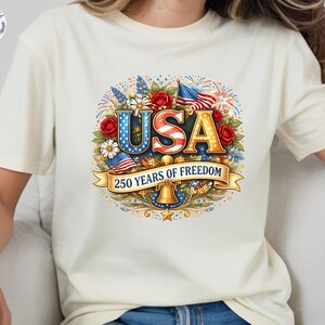 USA 250th Anniversary Shirt, 4th July Tee, America 250 Years T-Shirt, Floral Patriotic Shirts image 3
