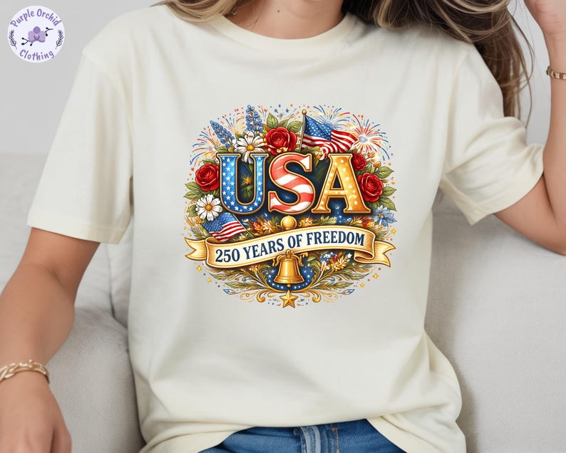 USA 250th Anniversary Shirt, 4th July Tee, America 250 Years T-Shirt, Floral Patriotic Shirts image 3