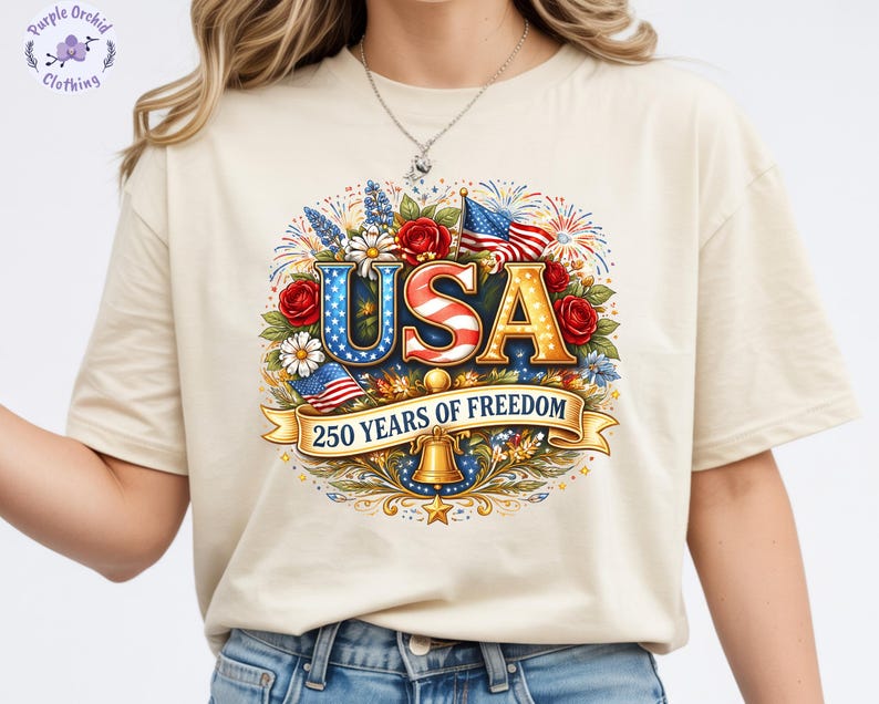 USA 250th Anniversary Shirt, 4th July Tee, America 250 Years T-Shirt, Floral Patriotic Shirts image 5