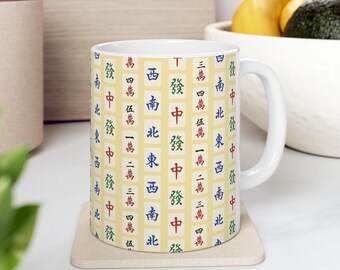 Gele Mahjong-mok Mahjongg print tegel koffiekopje Mah Jongg patroon ontwerp Mahj Lover cadeau Mahjong drinkgerei Mah-Jong theekop MahJongg cadeau