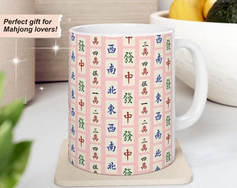 Pink Mahjong Mug Mahjongg Print Tile Coffee Cup Mah Jongg Pattern Design Mahj Lover Gift Mahjong Drinkware Mah-Jong Tea Cup for Her Aunt Mom