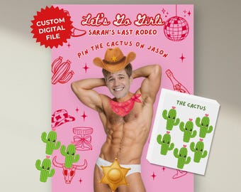 Juego digital para despedida de soltera con temática vaquera del oeste, personalizado con temática de vaquera rosa. Ponle el cactus al novio. Último rodeo de Texas.
