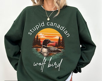 Sudadera con diseño de pájaro lobo canadiense, divertida, gay, hockey, romance, meme, cuello redondo, sudadera con diseño de colimbo canadiense, amante del espectáculo de Quebec